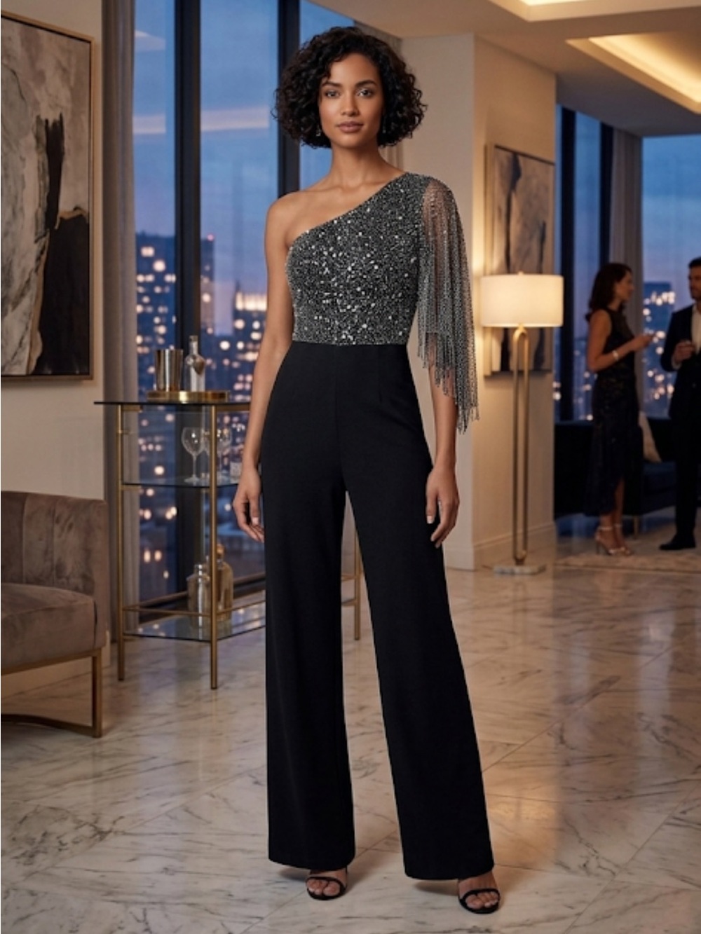 Adrianna Papell beaded one shoulder drape jumpsuit